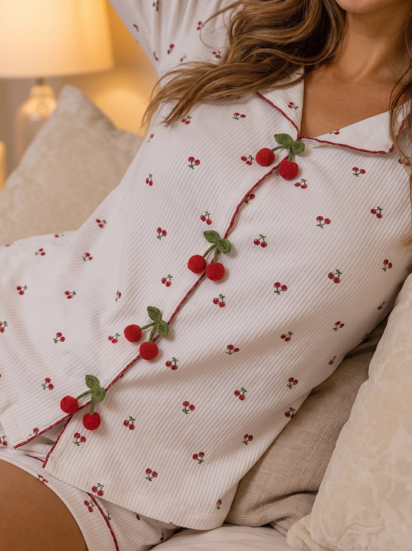Lunessa Kiraz Desenli Kısa Kollu Kadın Pijama Takımı