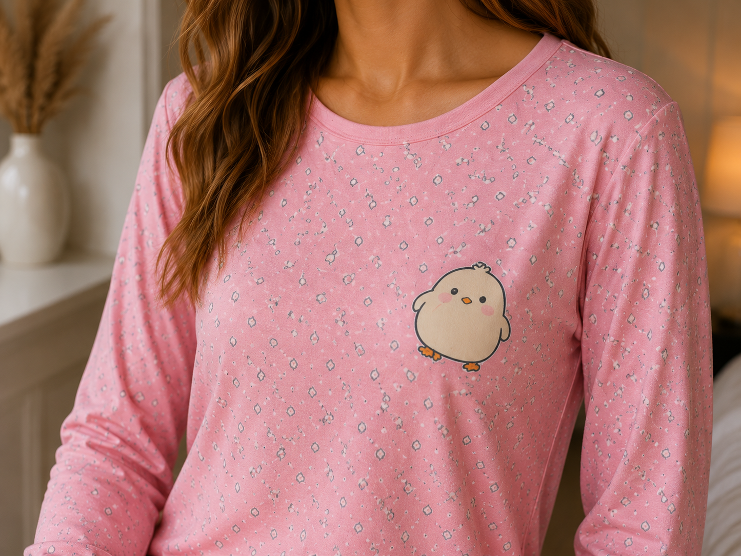 LUNESSA Civciv Pembe Desenli Uzun Kollu Pijama Takımı