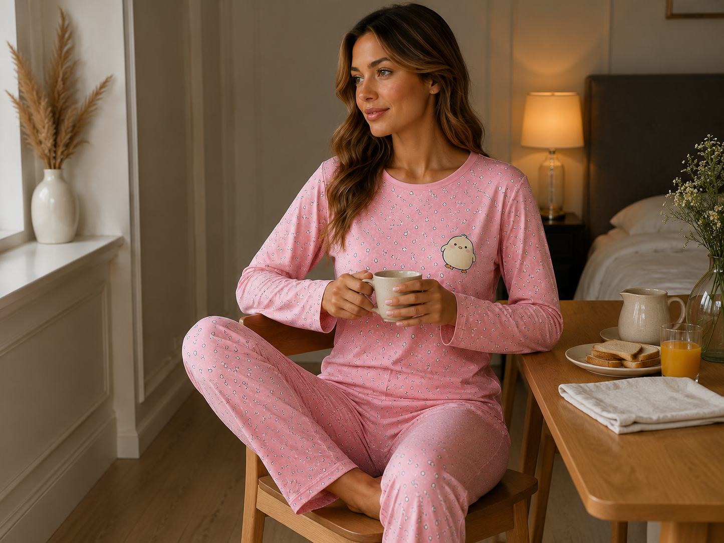 LUNESSA Civciv Pembe Desenli Uzun Kollu Pijama Takımı