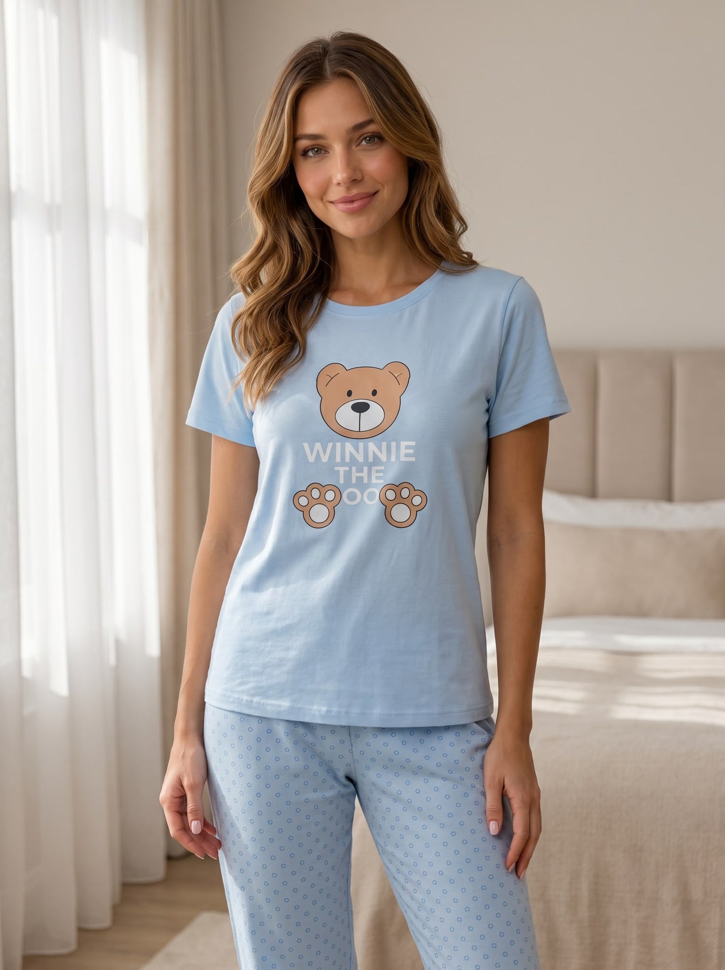 Lunessa Ayıcık Desenli Kısa Kollu Uzun Alt Kadın Pijama Takımı